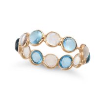 A BLUE TOPAZ AND MOONSTONE ETERNITY RING in 18ct yellow gold, set all round with a row of round c...