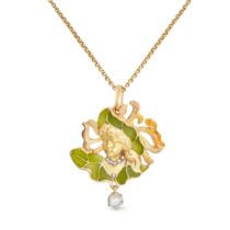 AN ANTIQUE ART NOUVEAU ENAMEL AND DIAMOND PENDANT NECKLACE in yellow gold, the pendant designed a...