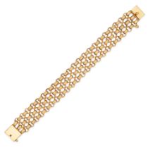 AN ANTIQUE GOLD BRACELET in yellow gold, comprising three rows of textured belcher links, no assa...