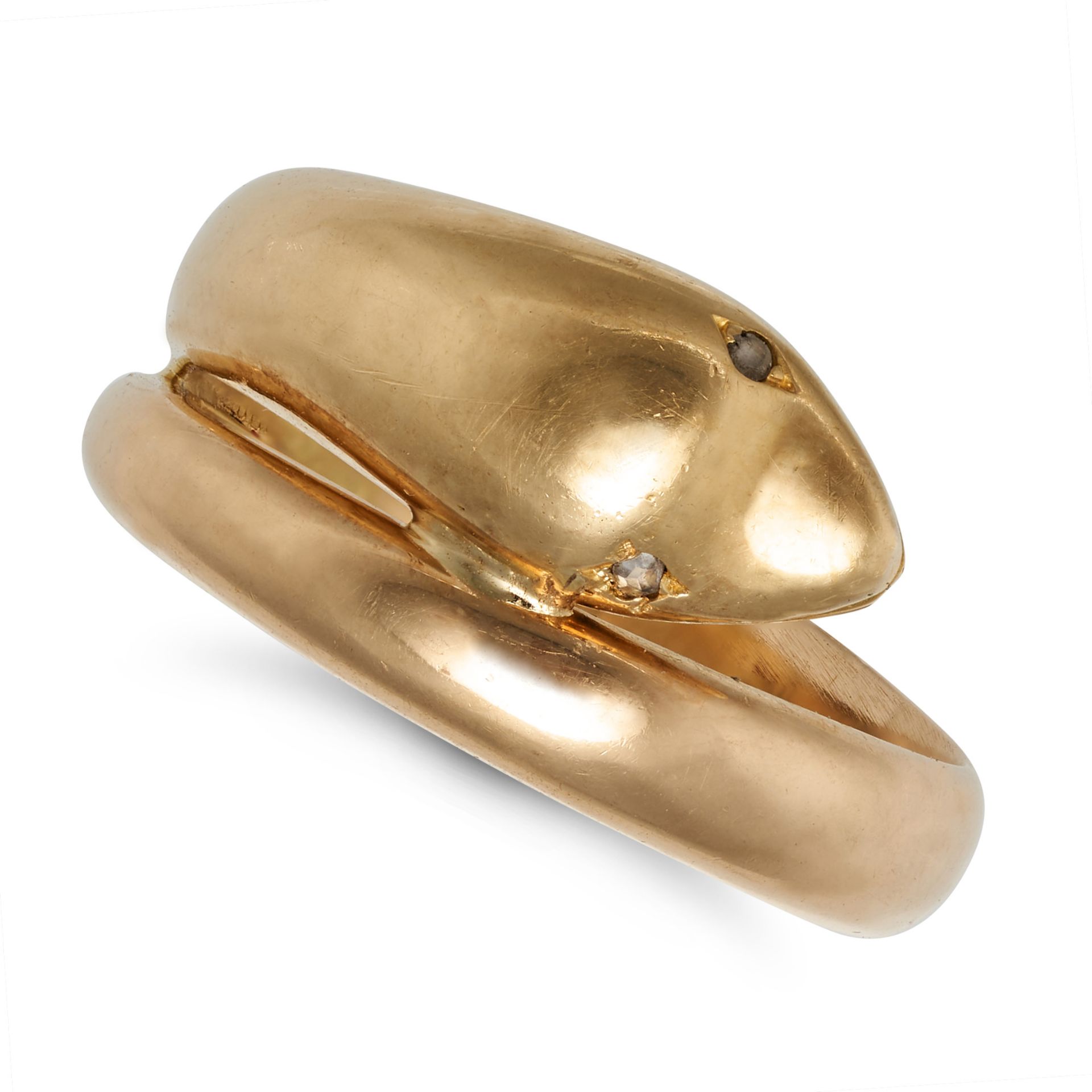 AN ANTIQUE DIAMOND SNAKE RING in 18ct yellow gold, designed as a coiled snake, the eyes set with ...