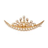 AN ANTIQUE PEARL CRESCENT MOON BROOCH in yellow gold, designed as a crescent moon set with a row ...