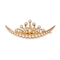 AN ANTIQUE PEARL CRESCENT MOON BROOCH in yellow gold, designed as a crescent moon set with a row ...