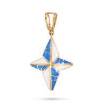 AN ENAMEL NORTH STAR PENDANT in 18ct yellow gold, designed as the north star and decorated with b...
