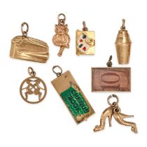 A COLLECTION OF VICE THEMED GOLD CHARMS in yellow gold, including a cocktail shaker, a chequebook...