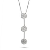 A DIAMOND CLUSTER PENDANT NECKLACE in 18ct white gold, the pendant set with three clusters of rou...