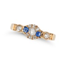 AN ANTIQUE SAPPHIRE AND DIAMOND RING in 18ct yellow gold, set with an old cut diamond in a cluste...