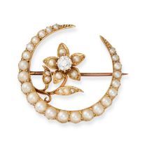 AN ANTIQUE PEARL AND DIAMOND CRESCENT MOON AND FLOWER BROOCH in yellow gold, designed as a cresce...