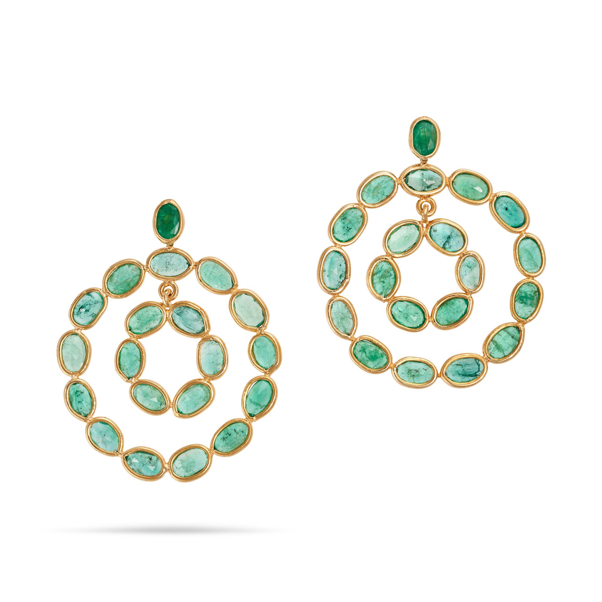 A PAIR OF EMERALD DROP EARRINGS in 18ct yellow gold, each set with an oval cut emerald suspending...