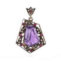 AN AMETHYST, RUBY AND DIAMOND PENDANT in silver, set with a fancy cut amethyst in an openwork sur...