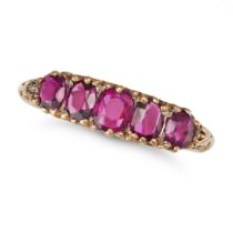 AN ANTIQUE RUBY FIVE STONE RING in 18ct yellow gold, set with five cushion cut rubies, stamped 18...