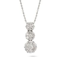 A DIAMOND CLUSTER PENDANT NECKLACE in 18ct white gold, the pendant set with three clusters of rou...