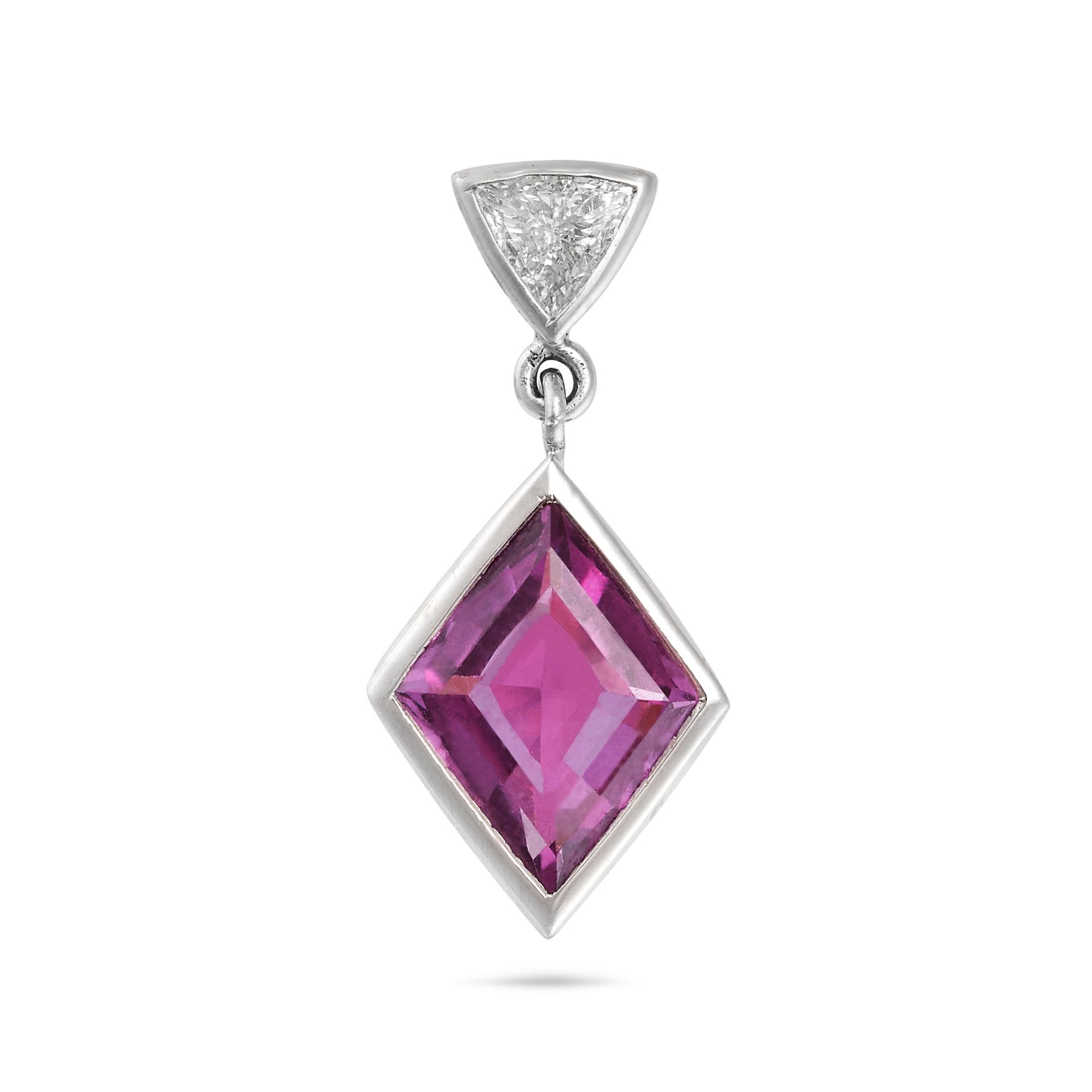A PINK SAPPHIRE AND DIAMOND PENDANT in 18ct white gold, set with a kite shaped pink sapphire of 2...