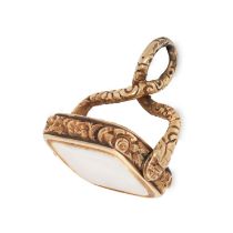 AN ANTIQUE CHALCEDONY SNAKE SWIVEL FOB / PENDANT in yellow gold, the swivel fob set with a cushio...