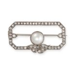 NO RESERVE - AN ANTIQUE PEARL AND AND DIAMOND BROOCH set with a mabe pearl in a border of rose cu...