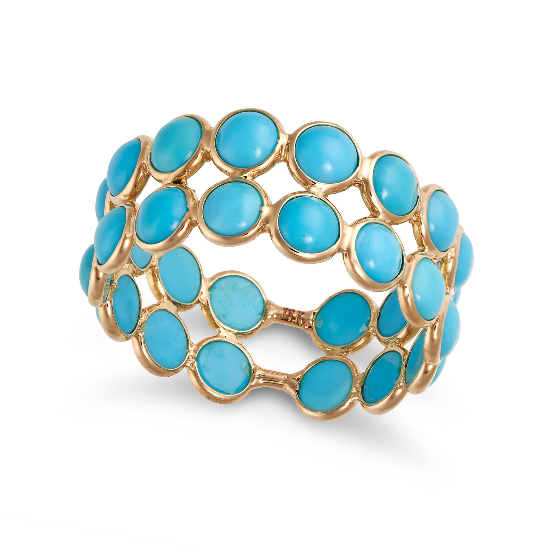 A TURQUOISE ETERNITY RING in 18ct yellow gold, set all around with two rows of round cabochon tur...