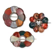 NO RESERVE - THREE ANTIQUE VICTORIAN SCOTTISH HARDSTONE BROOCHES in silver, each brooch set with ...