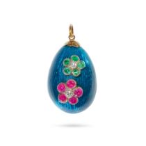 A GEMSET ENAMEL EGG CHARM / PENDANT relieved in blue guilloche enamel and accented by two flowers...