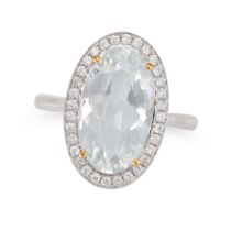 AN AQUAMARINE AND DIAMOND CLUSTER RING in 18ct white gold, set with an oval cut aquamarine of 3.7...