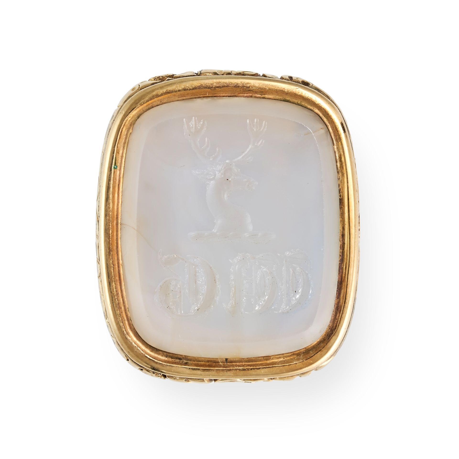 NO RESERVE - AN ANTIQUE FOB SEAL PENDANT set with a white chalcedony seal carved with a stag and ...