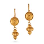 A PAIR OF ROMAN REVIVAL DROP EARRINGS in high carat yellow gold, each comprising a shield motif s...