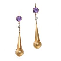 A PAIR OF AMETHYST AND DIAMOND DROP EARRINGS in yellow gold, each set with a round cut amethyst s...