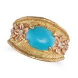 A TURQUOISE AND DIAMOND RING in 18ct yellow gold, the tapering band set with a cabochon turquoise...