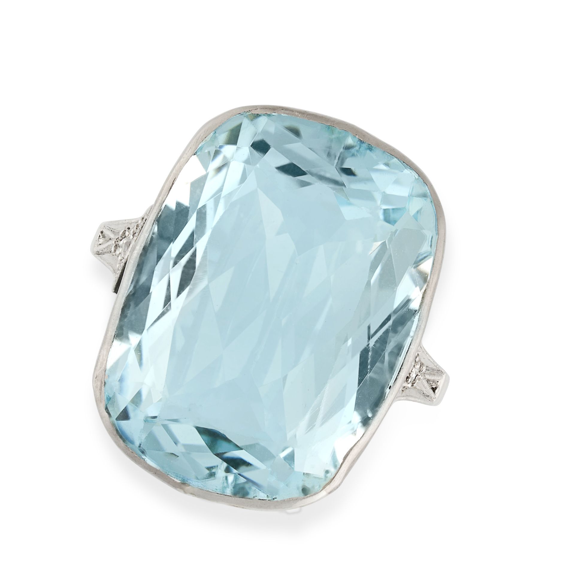 AN AQUAMARINE AND DIAMOND RING in white gold, set with a cushion cut aquamarine of approximately ...