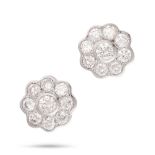 A PAIR OF DIAMOND CLUSTER EARRINGS in platinum, each set with a cluster of round brilliant cut di...