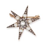 AN ANTIQUE DIAMOND AND PEARL STAR BROOCH in yellow gold and silver, designed as a six rayed star,...