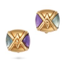 BULGARI, A PAIR OF BLUE TOPAZ AND AMETHYST EARRINGS in 18ct yellow gold, each set with a cabochon...
