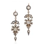 A PAIR OF ANTIQUE DIAMOND DROP EARRINGS in yellow gold and silver, each in foliate design set wit...