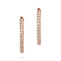 A PAIR OF DIAMOND HOOP EARRINGS in rose gold, each designed as a hoop set with a row of round cut...