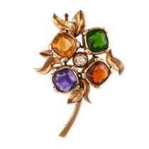 A CITRINE, AMETHYST, DIAMOND AND PASTE FLORAL SPRAY BROOCH in 14ct yellow gold, designed as a flo...