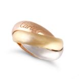 CARTIER, A TRINITY RING in 18ct yellow, white and rose gold, comprising three interlocking tri-co...