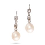 A PAIR OF DIAMOND AND PEARL DROP EARRINGS in white gold, each comprising a row of old and rose cu...