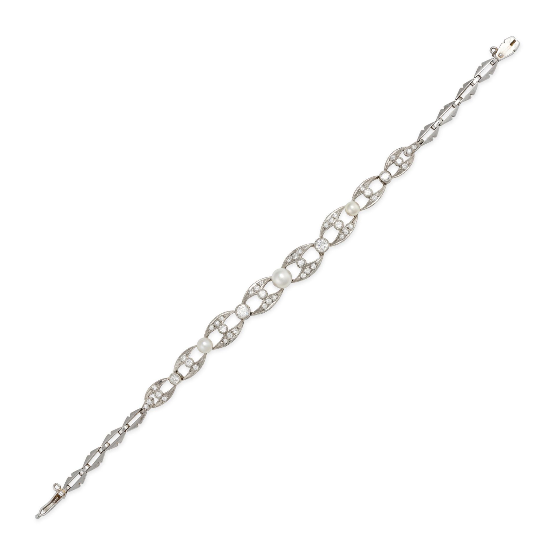 A PEARL AND DIAMOND BRACELET in white gold, set with three graduated pearls over open-work links,...