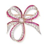 A RUBY, DIAMOND, AND NATURAL SALTWATER PEARL BOW BROOCH in yellow and white gold, designed as a b...