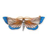 AN ANTIQUE DIAMOND, RUBY AND PLIQUE A JOUR BUTTERFLY BROOCH in yellow gold, designed as a butterf...