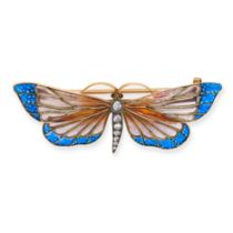 AN ANTIQUE DIAMOND, RUBY AND PLIQUE A JOUR BUTTERFLY BROOCH in yellow gold, designed as a butterf...