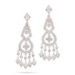 A PAIR OF DIAMOND DROP CHANDELIER EARRINGS in 18ct white gold, each comprising a row of geometric...