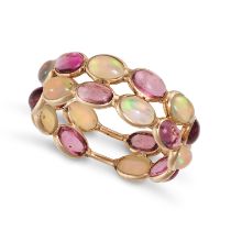 A PINK TOURMALINE AND OPAL ETERNITY RING in 14ct yellow gold, comprising two rows of oval cabocho...