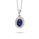 A SAPPHIRE AND DIAMOND CLUSTER PENDANT NECKLACE in 18ct white gold, the pendant set with an oval ...