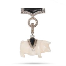 AN ANTIQUE ART DECO WHITE CORAL, ONYX, DIAMOND AND PEARL BROOCH in white gold, the geometric broo...