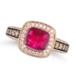 AN UNHEATED RUBY AND DIAMOND RING in 14ct rose gold, set with a sugarloaf cabochon ruby of 2.56 c...