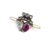 AN ANTIQUE RUBY AND DIAMOND SWEETHEART RING in yellow gold and silver, set with a pear cut ruby a...