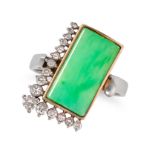 A JADEITE JADE AND DIAMOND RING in 18ct white gold and platinum, set with a polished rectangular ...