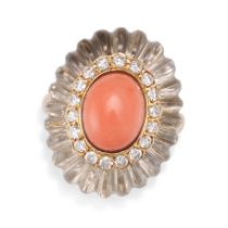 A FRENCH ROCK CRYSTAL, CORAL, AND DIAMOND RING in 18ct yellow gold, set with an oval cabochon cor...