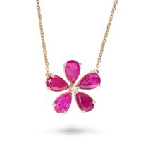 A RUBY AND DIAMOND FLOWER PENDANT NECKLACE in 14ct yellow gold, the pendant set with a round cut ...