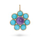 A TURQUOISE AND AMETHYST CLUSTER PENDANT in 18ct yellow gold, set with a round cabochon amethyst ...