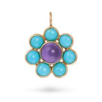 A TURQUOISE AND AMETHYST CLUSTER PENDANT in 18ct yellow gold, set with a round cabochon amethyst ...